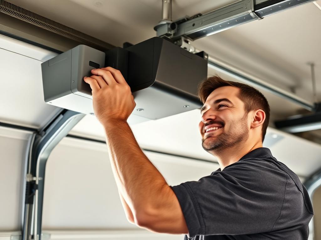 Experienced garage door technician adjusting opener motor