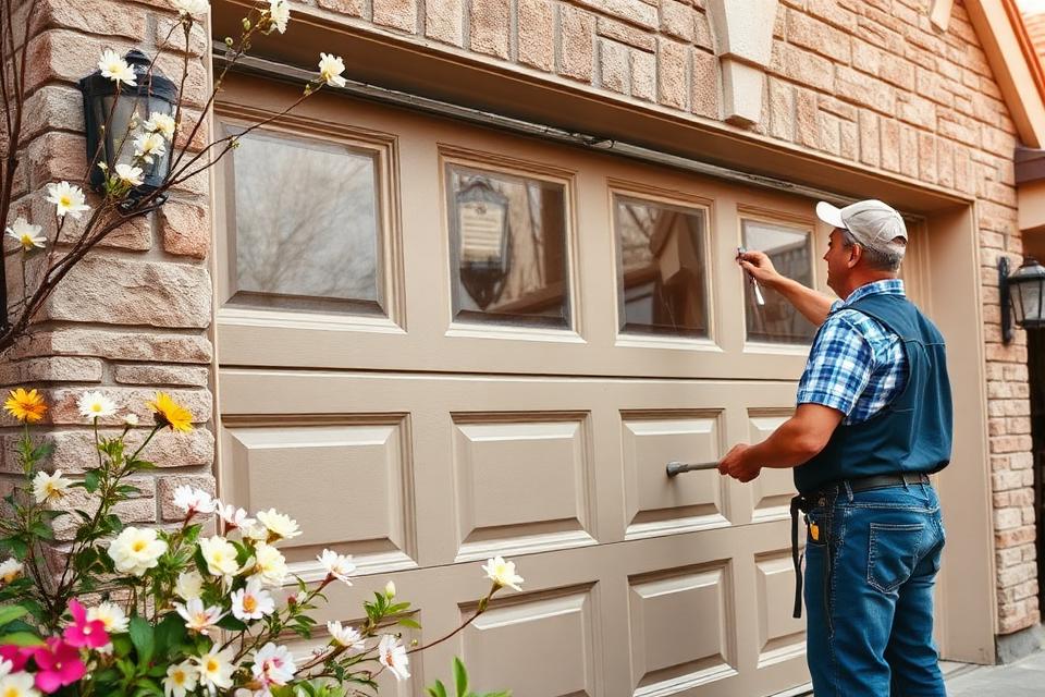 Homeowner inspecting garage door during spring maintenance with flowers blooming